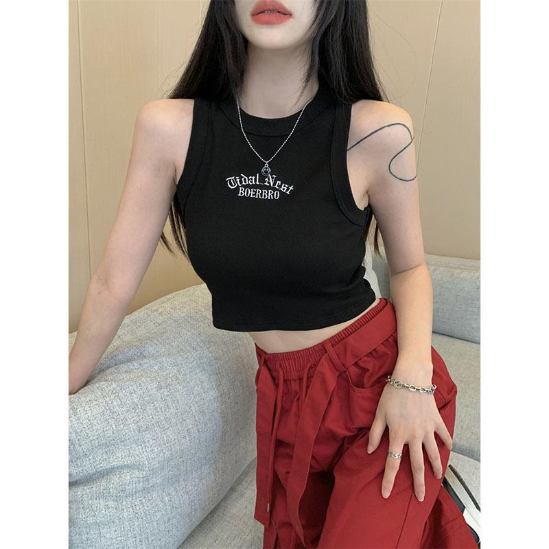 辣妹外穿黑色运动刺绣吊带小背心女夏内搭短款针织打底无袖短上衣