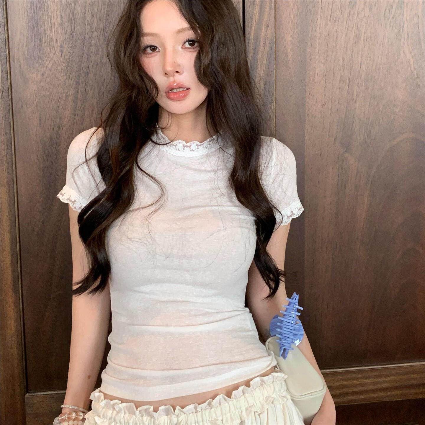 简珀法式女士圆领温柔风蕾丝短袖T恤女修身显瘦舒适白色上衣
