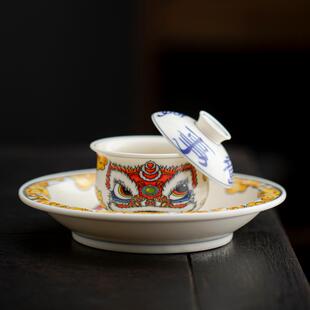 国潮醒狮旋转悬停布袋三才盖碗茶杯德化猪油白高端泡茶碗功夫茶具