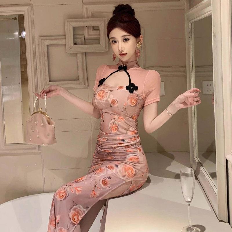 直播衣服女主播服装性感镂空年轻款网纱拼接少女旗袍改良版连衣裙