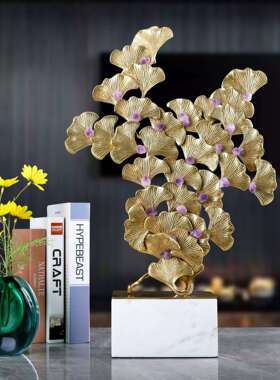 轻奢现代风铜制银杏叶白色大理石摆件玄关酒柜电视柜家居装饰品