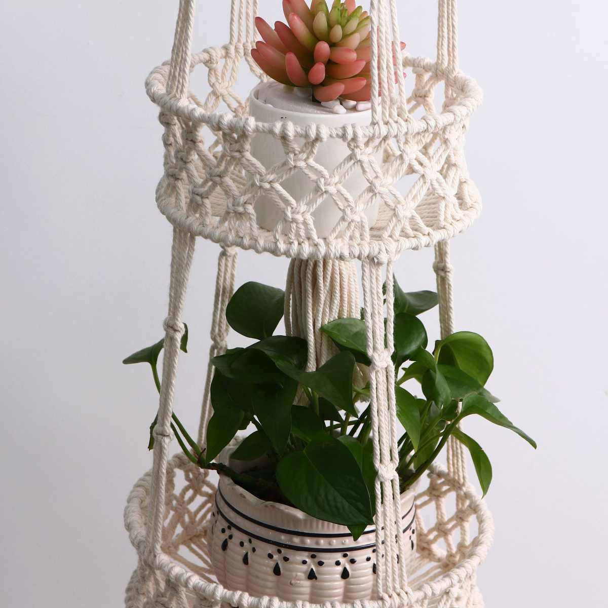 手工编织棉线绳三层花篮装饰吊篮 水果蔬菜折叠储存挂篮壁篮花盆,鲜花速递/花卉仿真/绿植园艺,花盆,淘宝优惠券,粉丝福利购,淘宝优惠卷