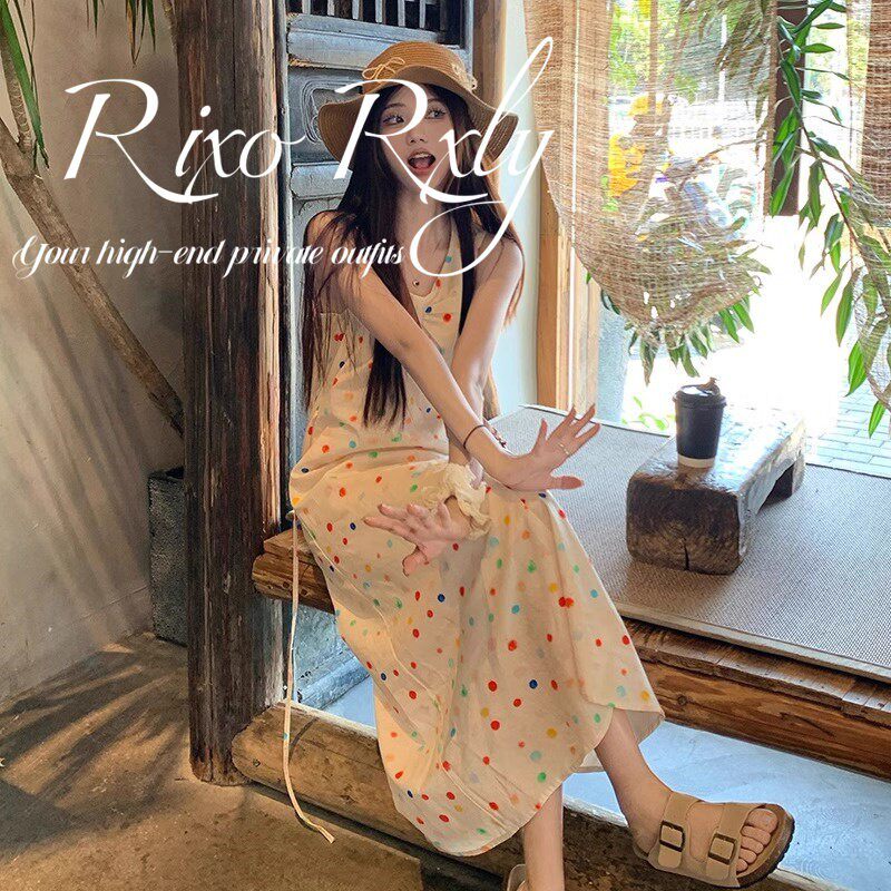RIXO RXLY彩色波点V领吊带连衣裙女春夏季小众设计感甜美气质长裙