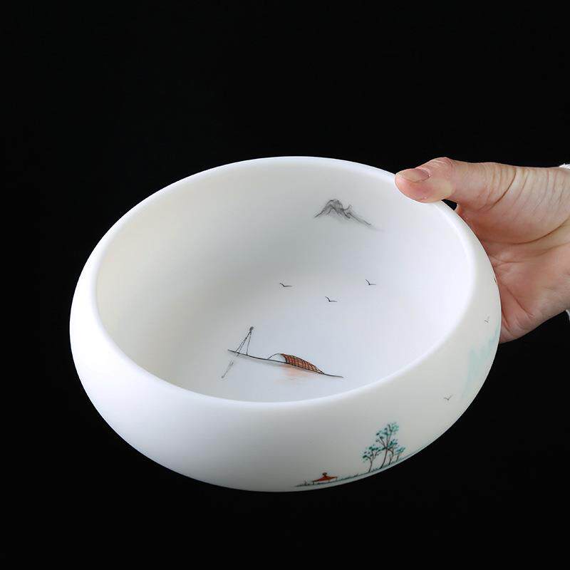 素烧羊脂玉瓷大号茶洗中国白瓷笔洗陶瓷茶具洗杯碗零配茶水盂水洗