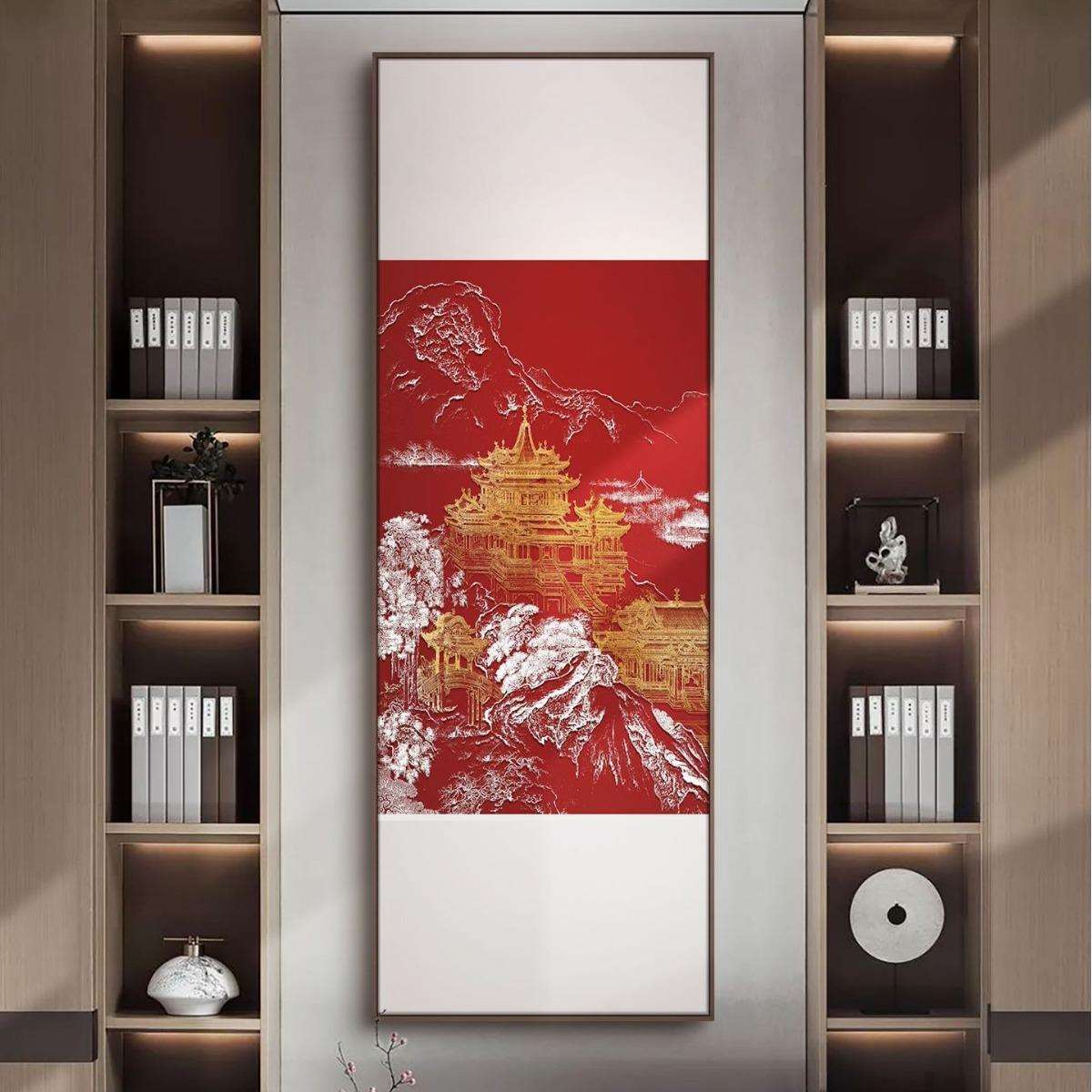 新中式红色VFO风体浮雕肌理装饰画入户玄关景立壁大气画竖版挂画