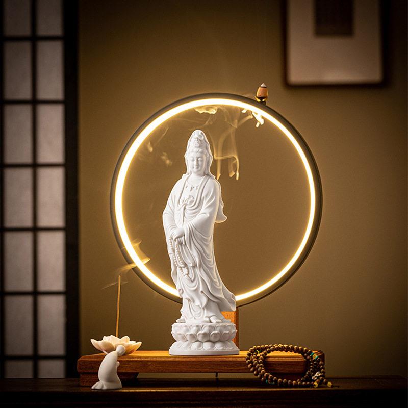 陶瓷立莲南海观音菩萨佛像摆件灯圈白瓷观世音菩萨站立像家用供奉