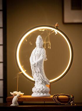 陶瓷立莲南海观音菩萨佛像摆件灯圈白瓷观世音菩萨站立像家用供奉