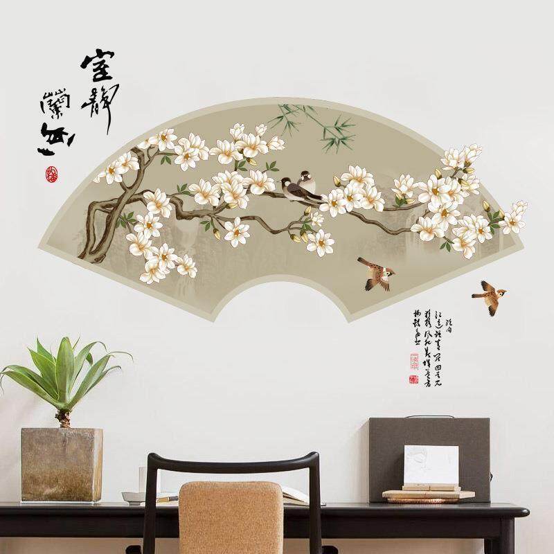 创意桃花扇中式墙贴画卧室客厅沙发背景墙店铺装饰品房间自粘贴纸
