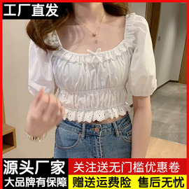 法式白色方领蕾丝衬衫女短袖夏季减龄甜美泡泡袖，上衣露锁骨小衫潮