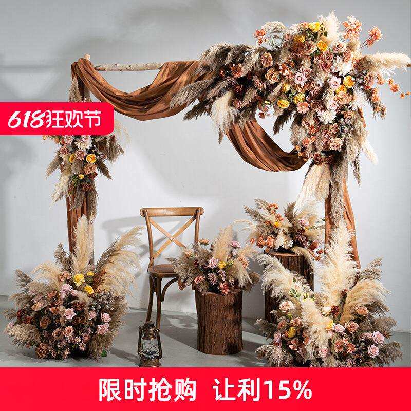 芦苇干花仿真花艺装饰复古花艺拱门壁挂花排地花橱窗婚礼背景花卉