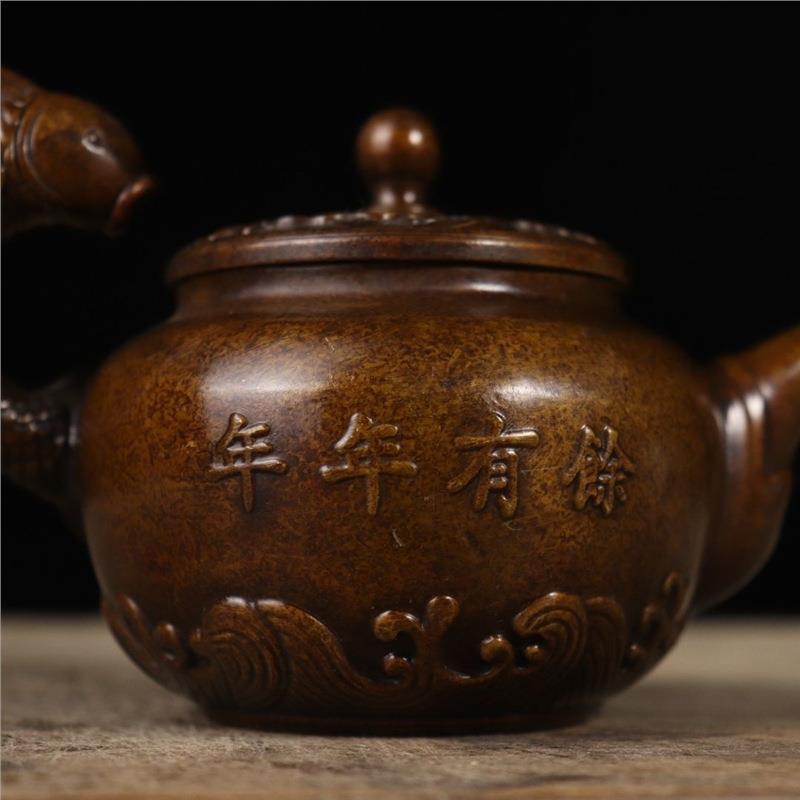 古玩铜器仿古紫铜年年有余茶壶水壶酒壶家居茶道摆件