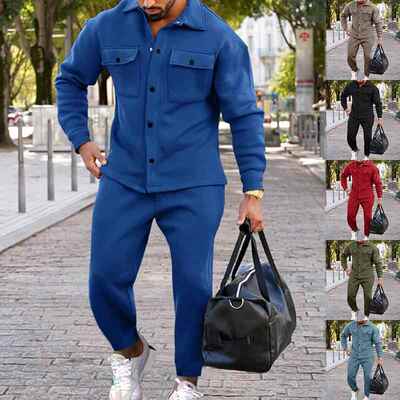 Men 2 Set Fleece Jacket Pants Button Front Sleeve Shirt