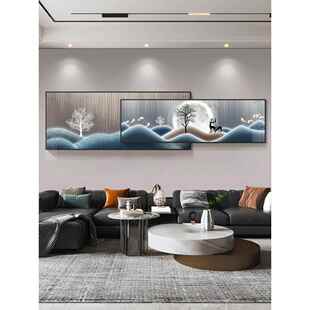 星空福鹿客厅装 大幅叠加挂画现代简约蓝色沙发背景墙壁画 饰画横版