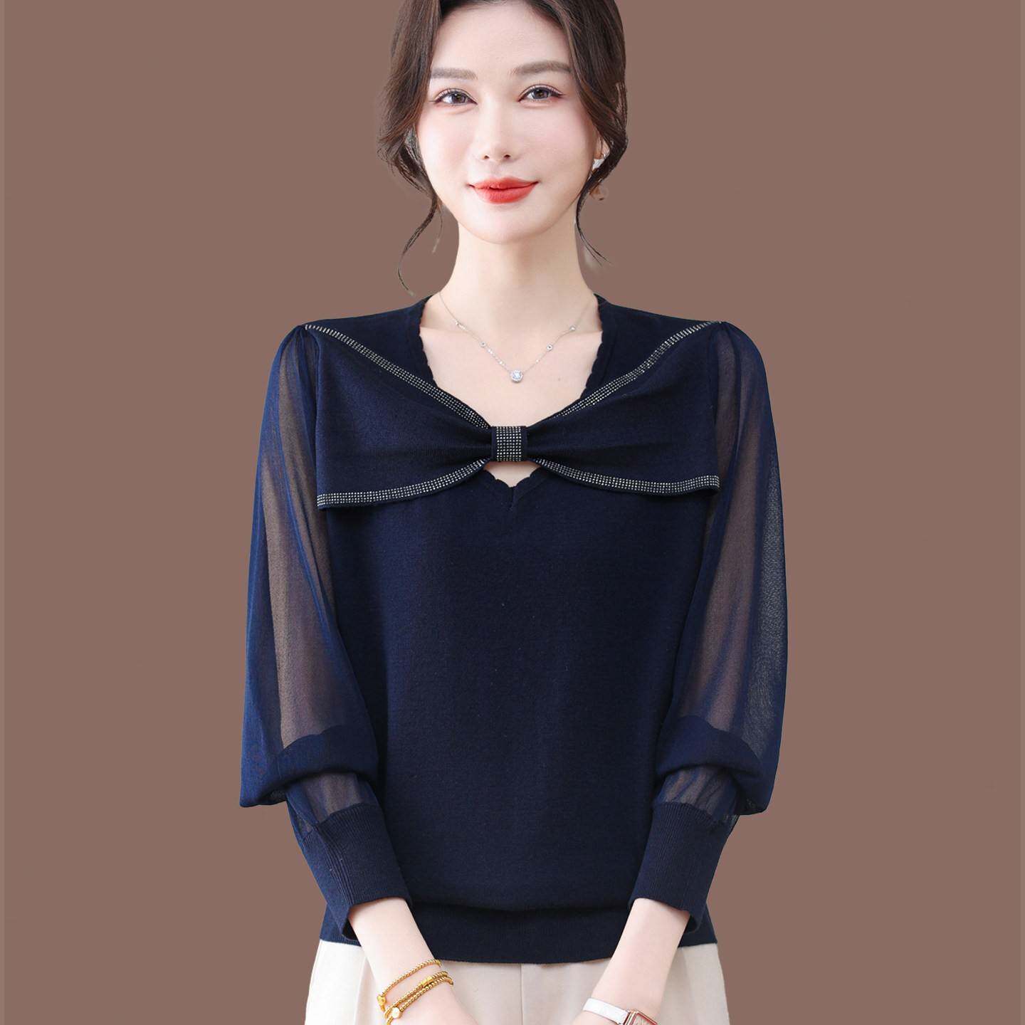 高端桑蚕丝长袖t恤女大码春装时尚洋气减龄纱袖上衣妈妈针织小衫