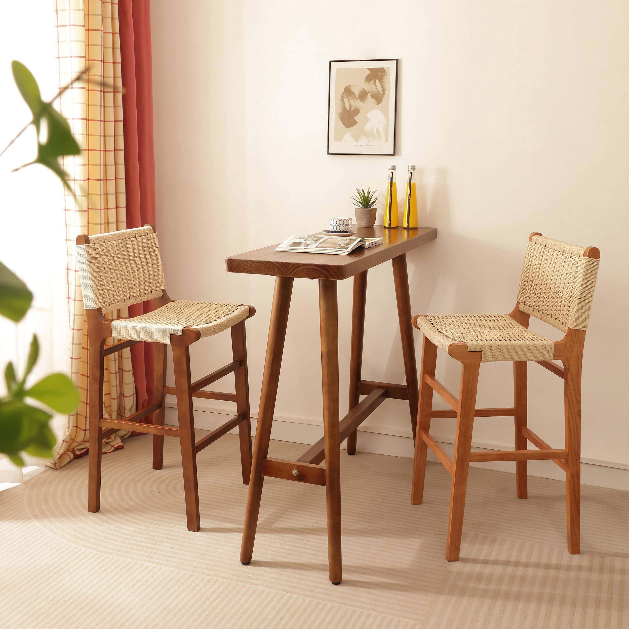 实木绳编吧椅家用复古餐椅酒吧餐厅高脚凳侘寂风岛台椅前台接待凳,住宅家具,家用高脚椅,淘宝优惠券,粉丝福利购,淘宝优惠卷