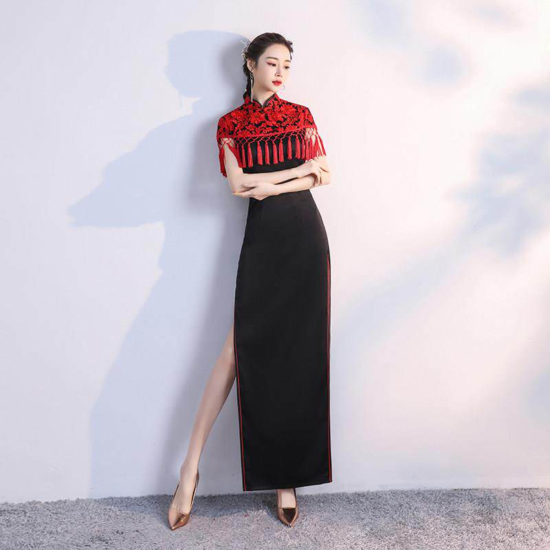 2025黑色改良旗袍高端走秀演出服女长款中国风显瘦团队服礼仪服装