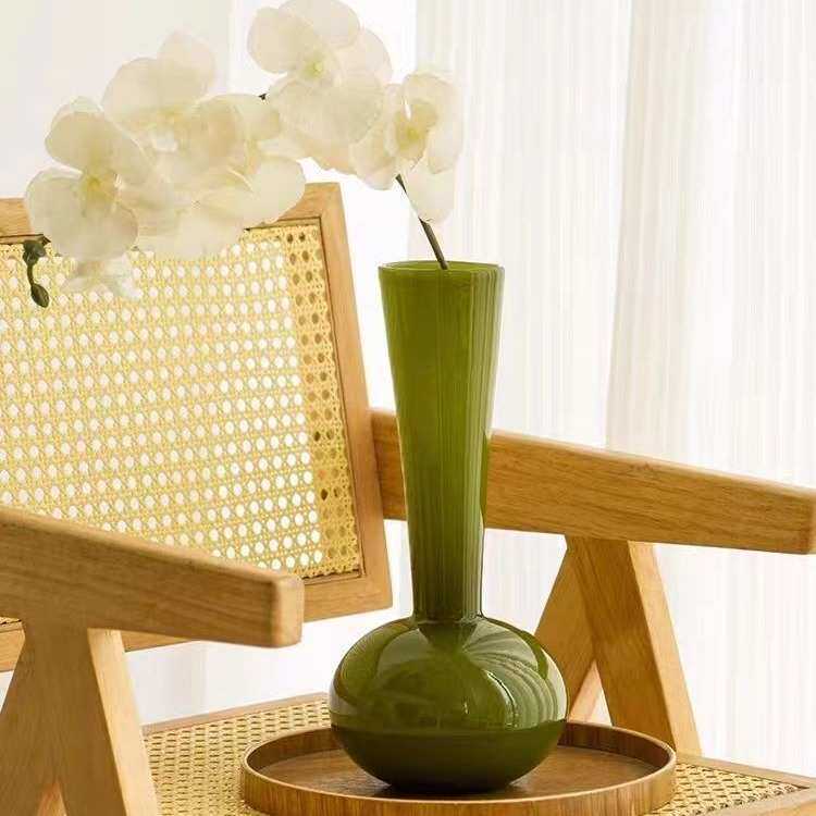 中古琉璃花瓶高级感绿色摆件桌面办公室干花花束客厅摆设一枝花高图片