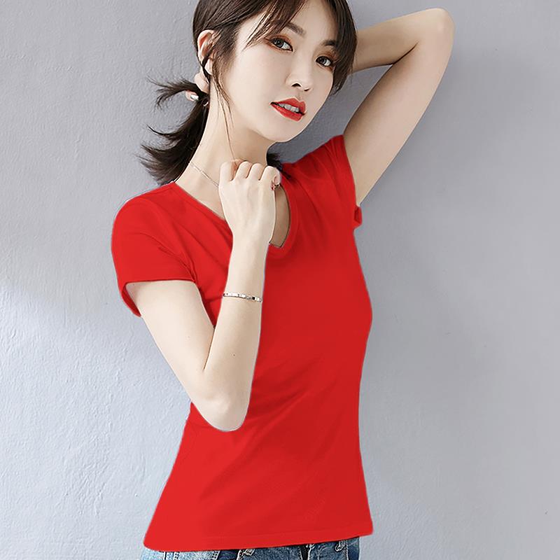高档V领工作女T恤印字棉修短身袖定制lo纯go文化服衫美容院白色服图片