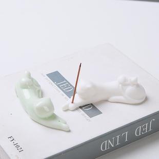 创意小猫咪陶瓷香炉摆件萌猫茶宠笔架笔搁室内线香插香道摆件