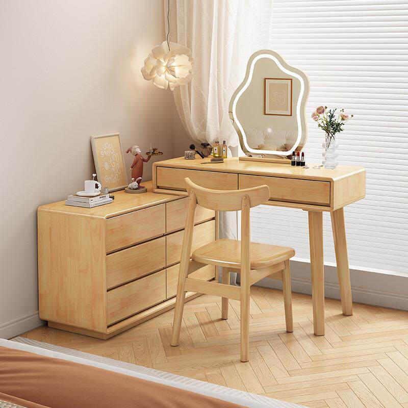 北欧简约可伸缩实木梳妆台带斗柜一体转角小户型卧室化妆桌床边柜