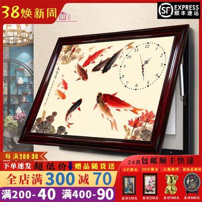 电表箱装饰画带钟表新中式实木配电箱免打孔液压上翻中国画遮挡画