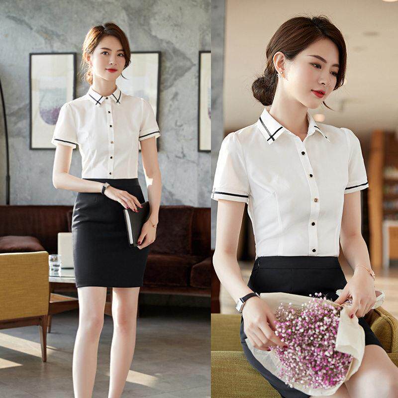 白色短袖衬衫女夏季2025新款上班服酒店前台工作服工装衬衣套装