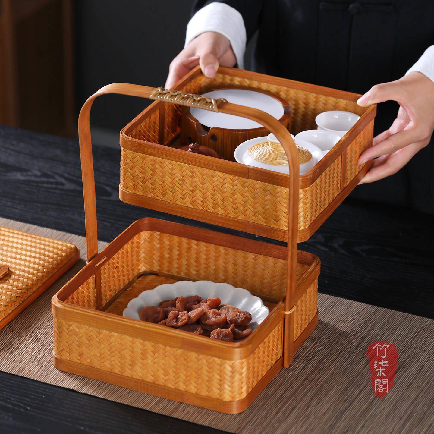 纯手工竹编提篮中式手提食盒茶具收纳篮子提盒篮水果点心礼品包装
