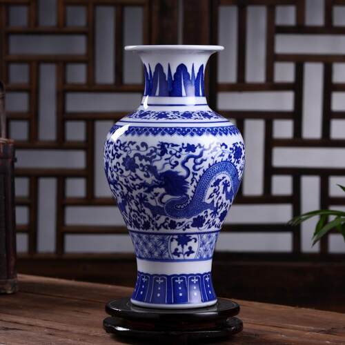 陶瓷花瓶摆件釉下彩青花缠枝莲龙纹花瓶花插工艺品家居装饰品