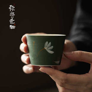 弥言墨绿粉引家用大号主人杯手绘格桑花品茗杯直筒杯功夫茶具复古