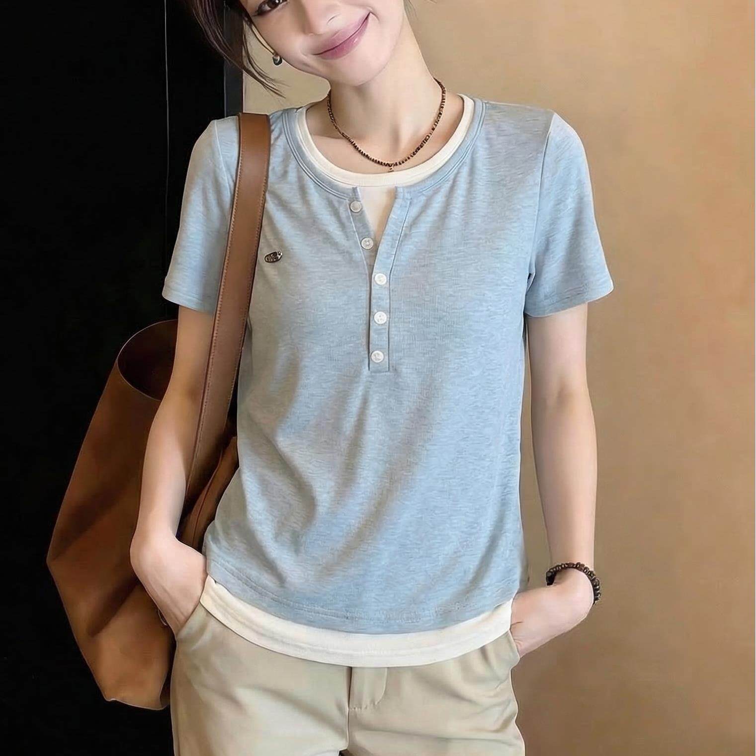 潮牌假两件浅蓝色正肩短袖T恤女圆领新款胖mm不规则抽绳减龄上衣