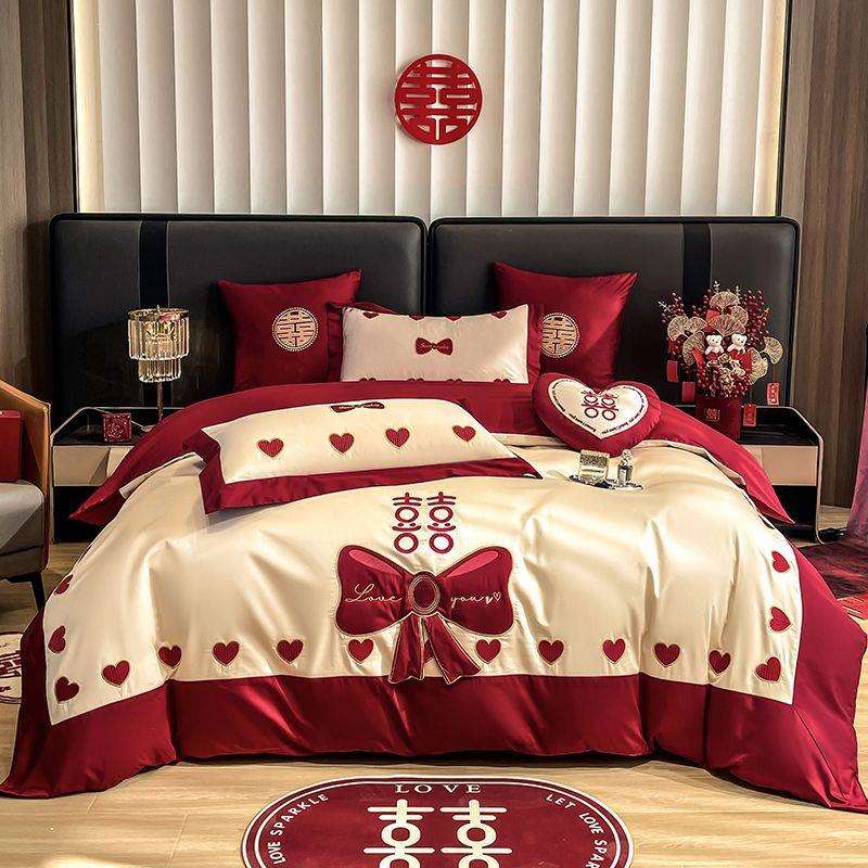 高档公主婚庆纯棉结婚红色四件套被套床单全棉长绒棉床上用品新婚