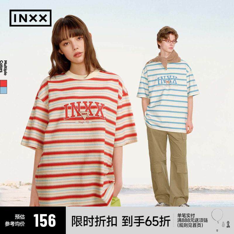【INXX】美式校园感圆领T恤男覆古撞色条纹印花短袖宽松五分袖女