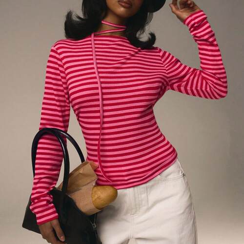 Striped elastic round neck long sleeved top for women