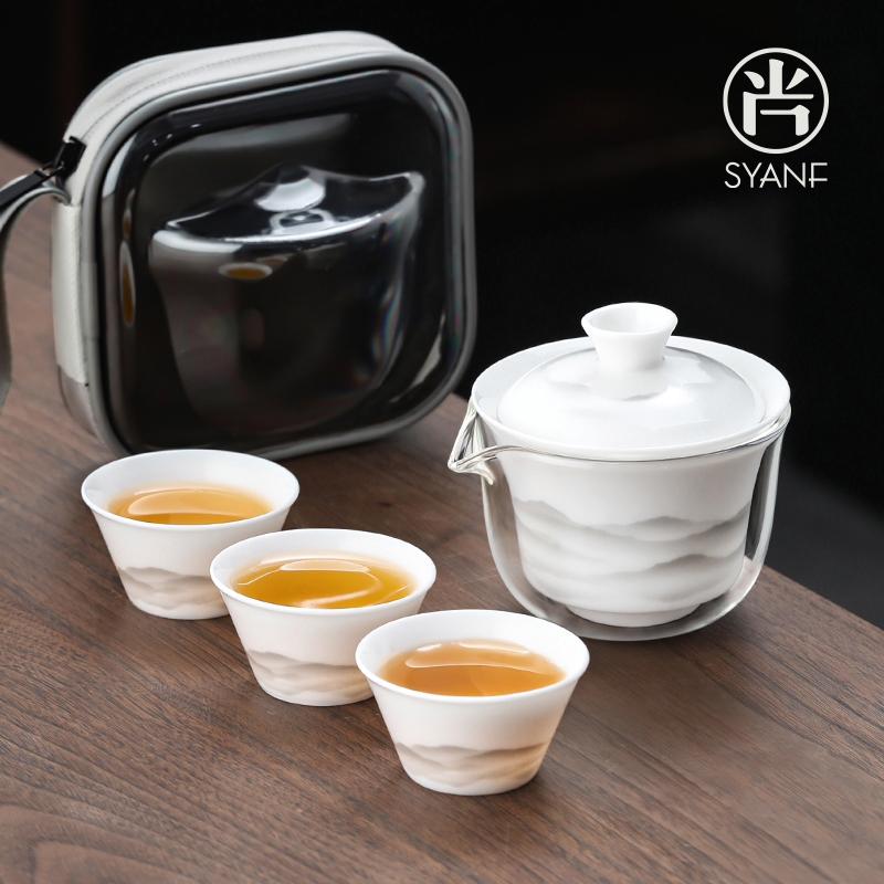 羊脂玉瓷便携式旅行茶具套装快客杯白瓷山水随身户外盖碗功夫茶杯