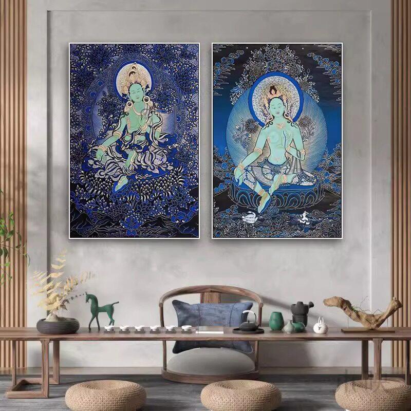 新款唐卡绿度母藏式西藏观音释迦牟尼佛像文殊普萨画像挂画玄关