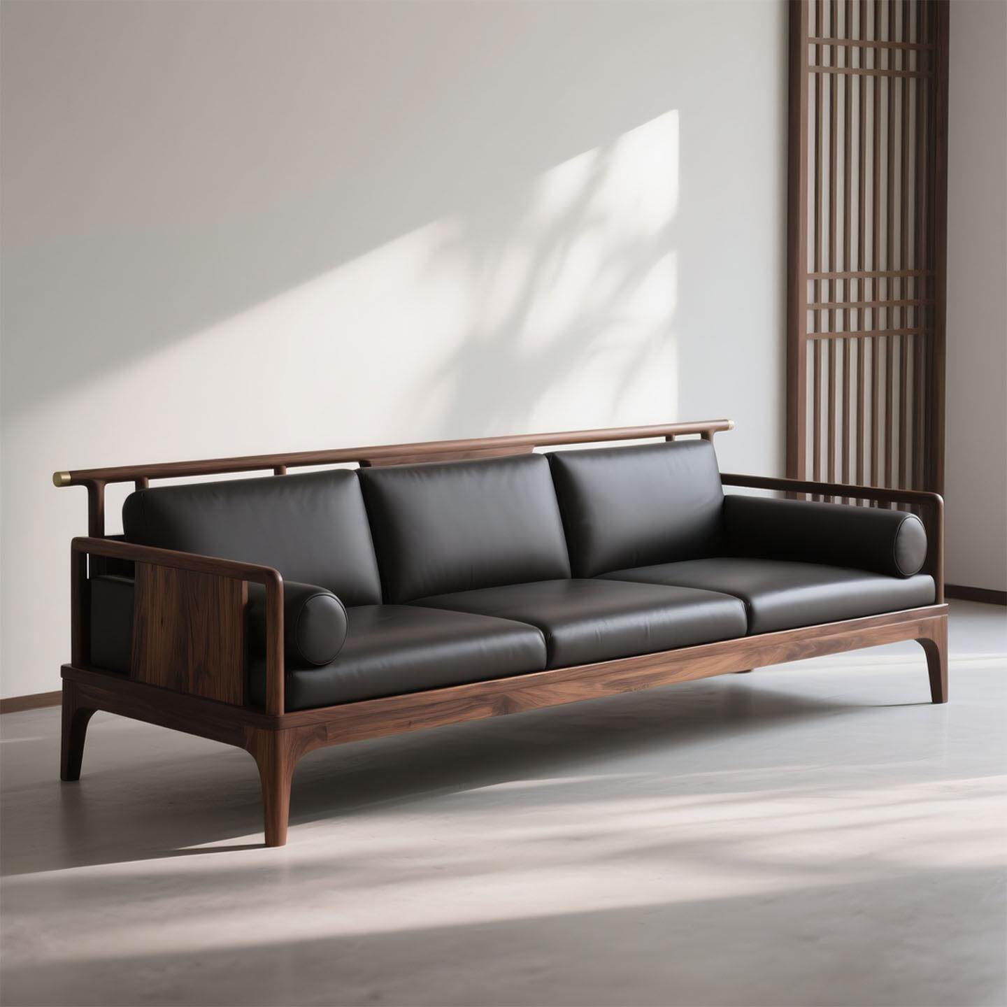 北美黑胡桃实木真皮沙发新中式家用小户型客厅家俱高靠背直排简约