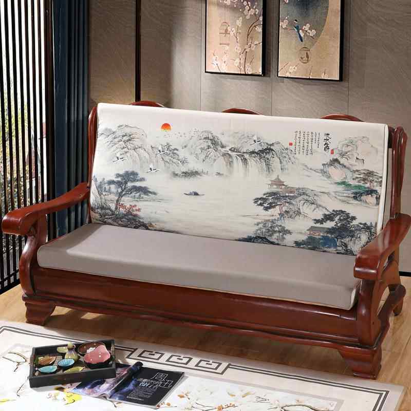 高档春厚实发木沙垫三加人带靠背连体海绵加厚棉麻凉板秋木椅坐垫