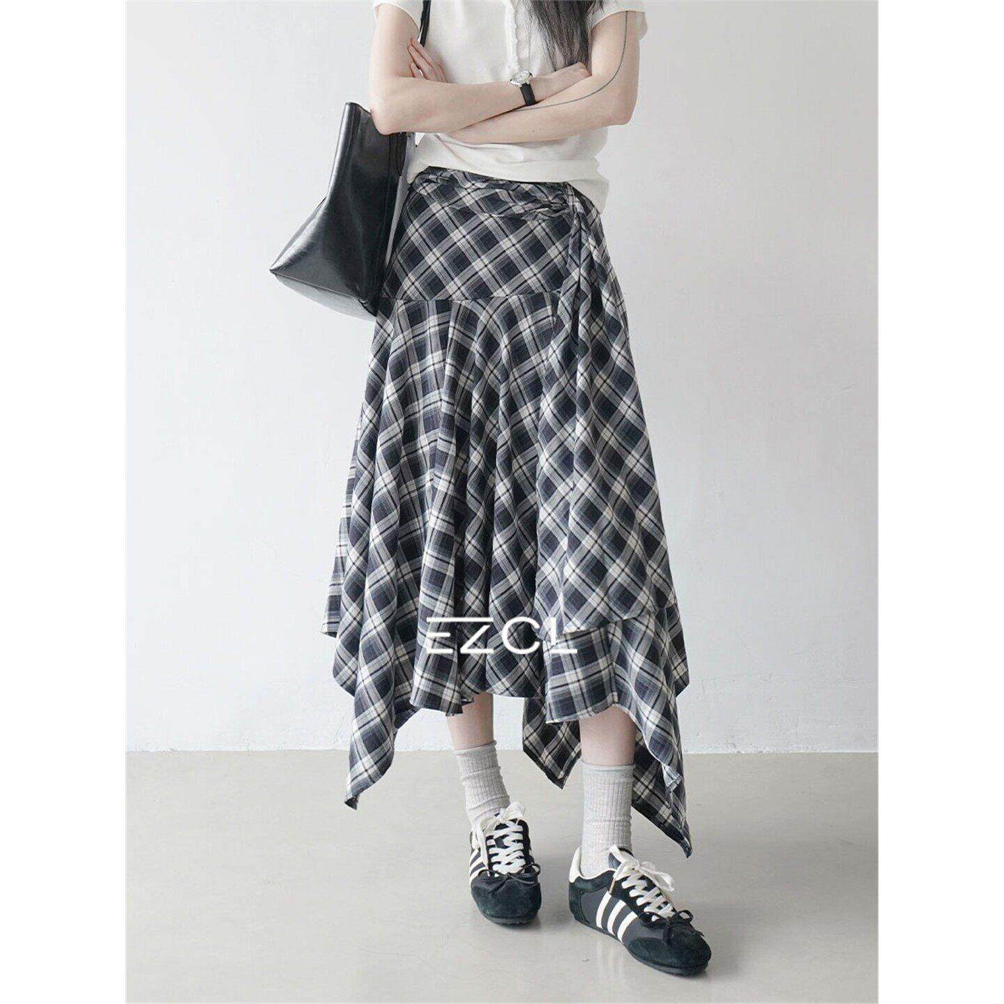 EZCL 夏季学院风格子不规则半身裙女高腰显瘦设计感A字裙中长裙子