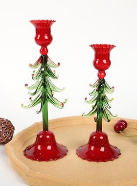 高圣诞系列玻璃艺烛台摆件创意圣诞圣诞玻璃家用客厅脚树烛台玻璃