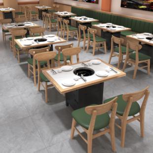 实木岩板大理石火锅桌电磁炉一体烤肉桌子卡座沙发餐桌椅组合商用