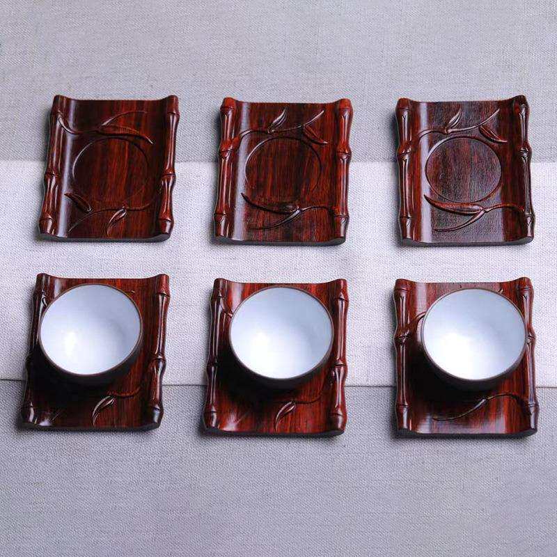 印尼紫檀雕刻竹韵款茶杯垫 规格7×8×1.1托茶垫隔热茶托茶道拖盘