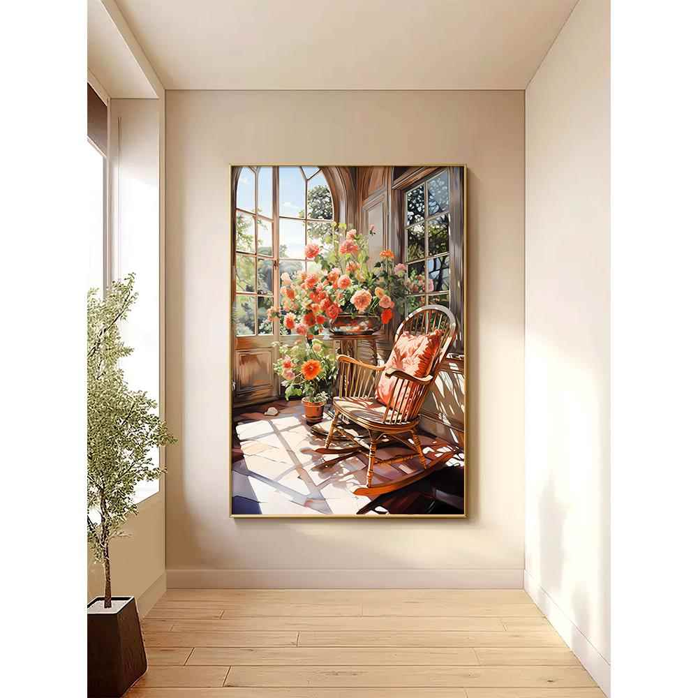 花团锦簇法式覆古玄关装饰画大幅假窗户落地画客厅挂画花卉风景画