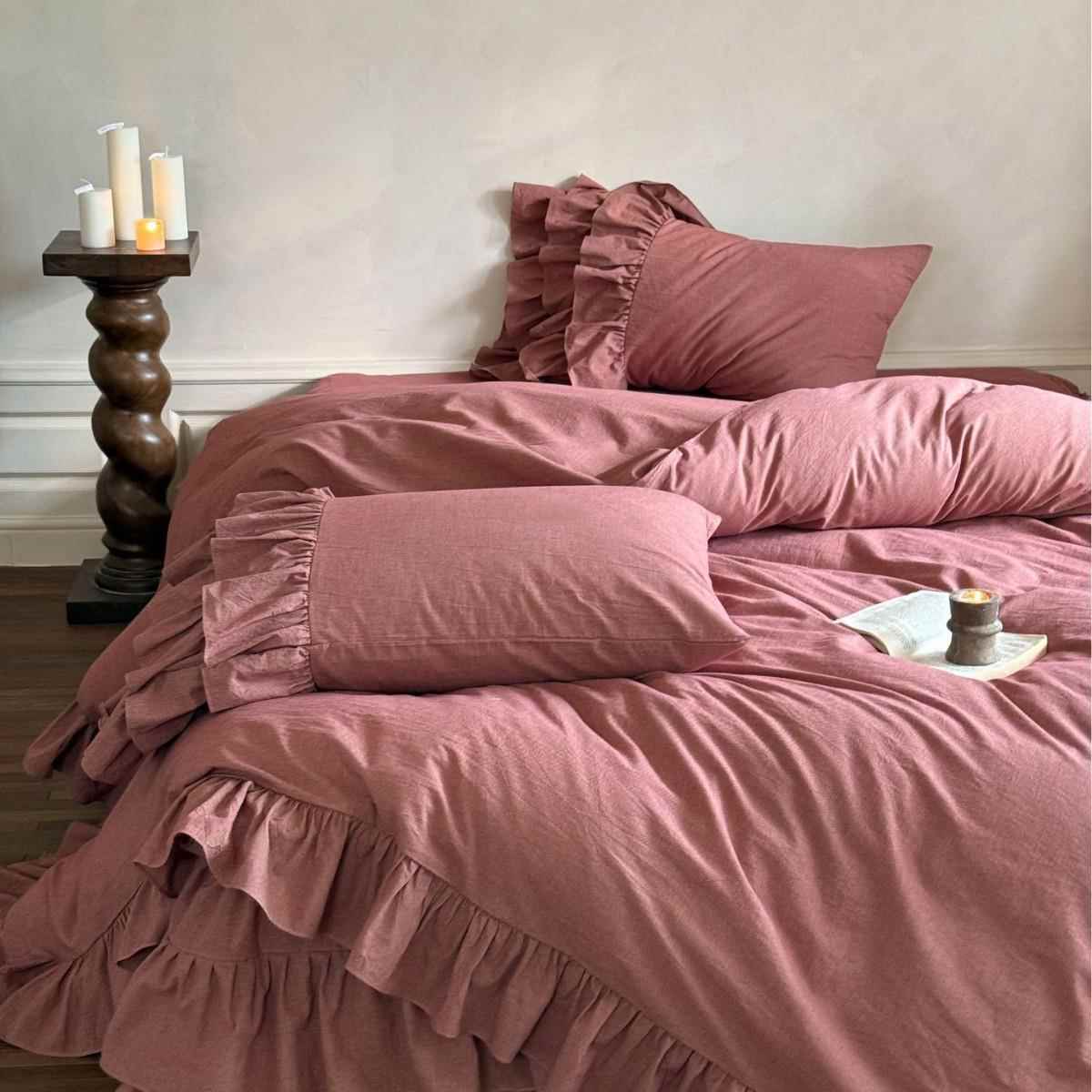 法式复古色织全棉水洗棉亲肤四件套纯棉蛋糕床裙纯色被套床上用品