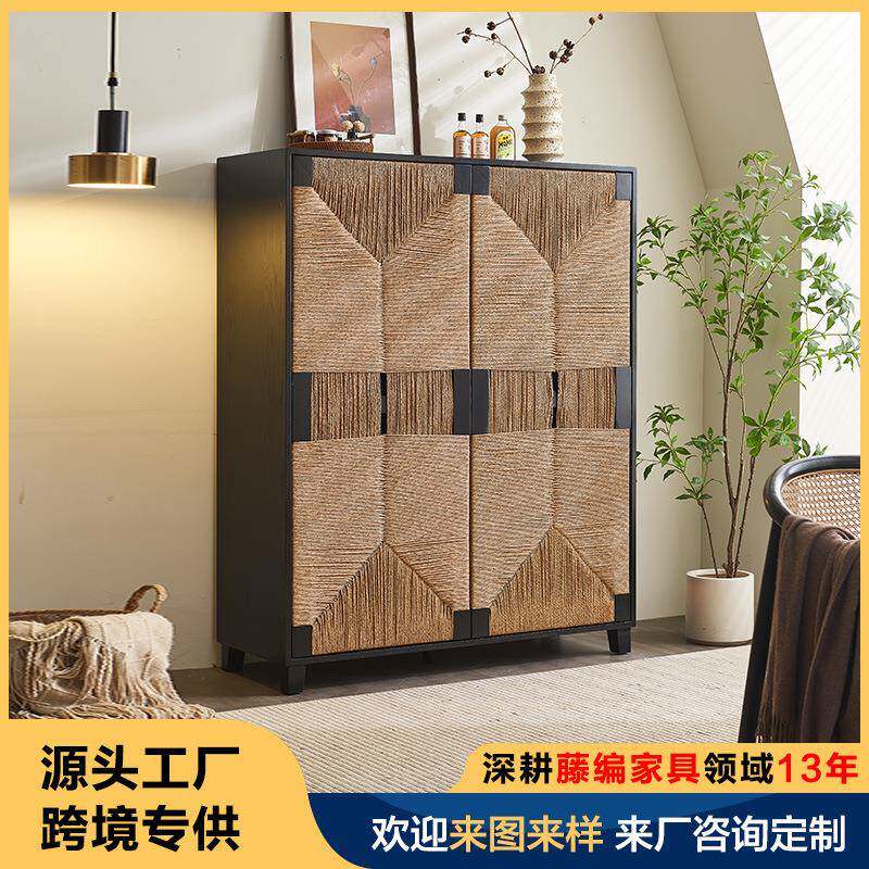 藤编匠师中古藤编实木餐边柜诧寂风黑色玄关柜储物收纳柜双门橱柜