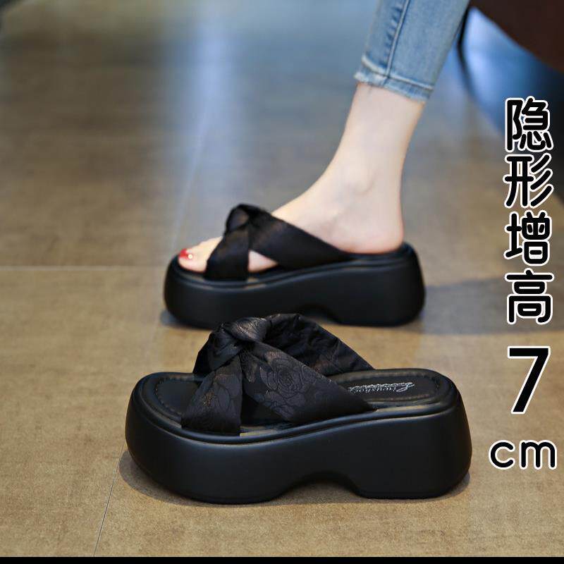 香港真皮厚底增高凉拖鞋女夏外穿2026新款配裙子蝴蝶结松糕沙滩鞋