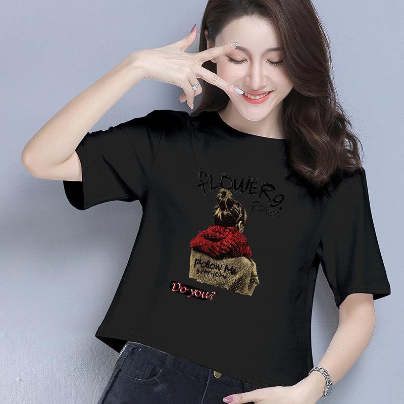 女式短袖t恤,纯棉,2025新款夏季女式韩式修身短上衣,时尚百搭