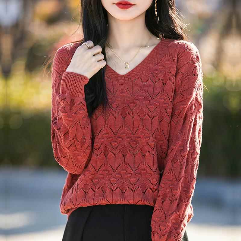 秋冬V领打底衫女2025内搭洋气显瘦针织上衣大码女装镂空毛0921z