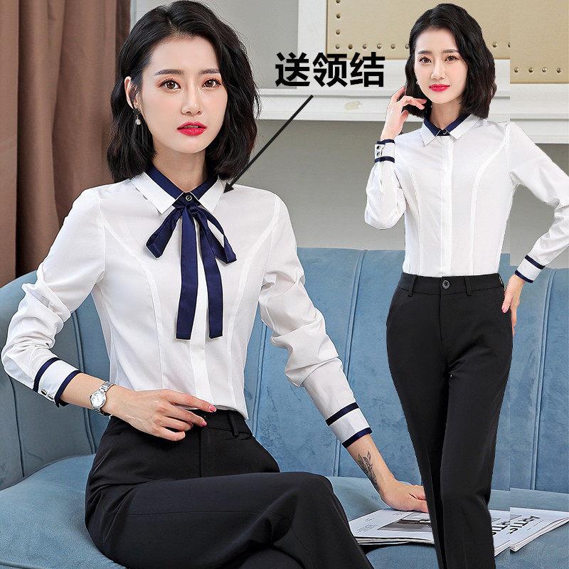 白色衬衫女春秋新款长袖衬衣职业女装正装韩版修身蝴蝶结领工作服