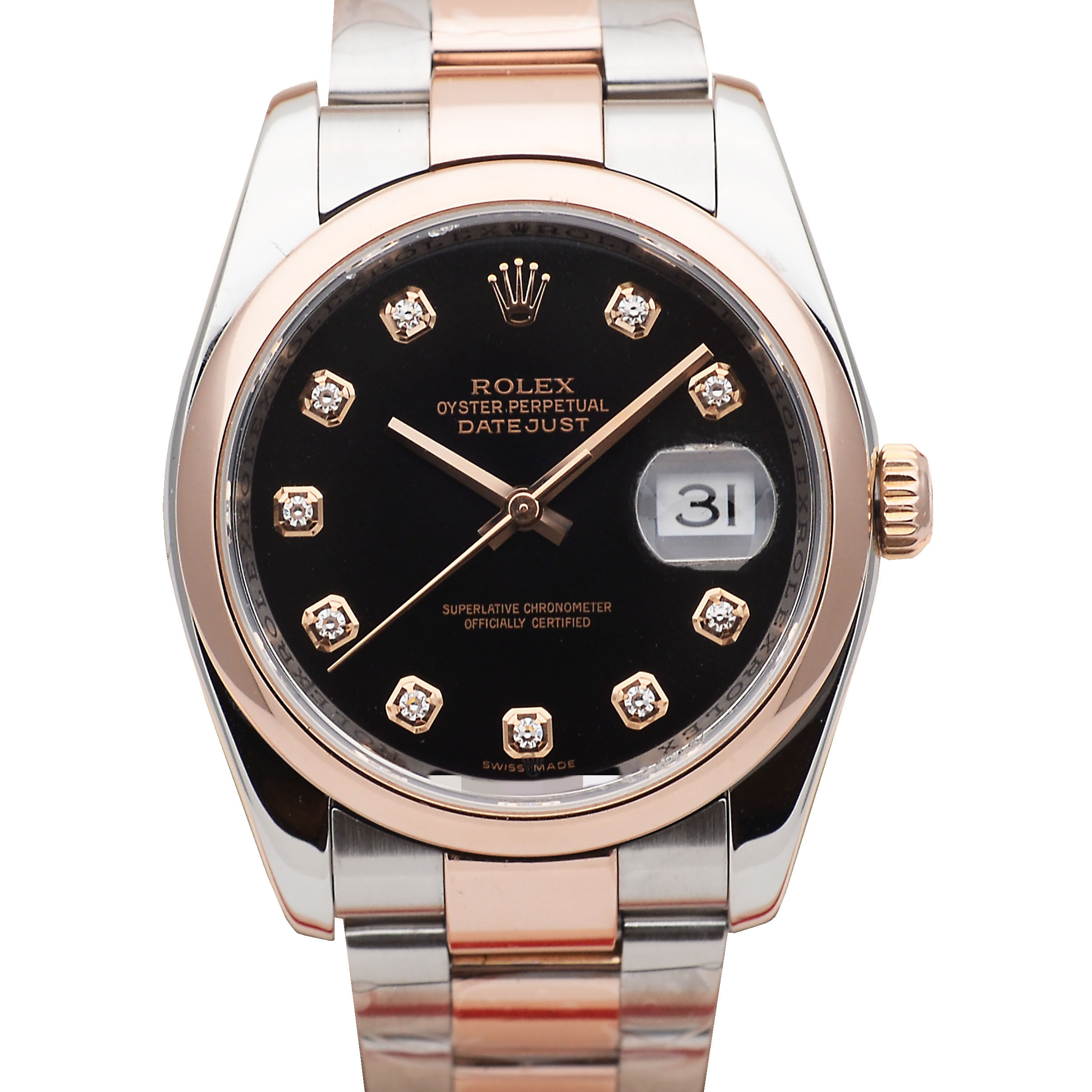 正品[9.8新]劳力士日志型间玫瑰金黑盘原镶钻自动机械男表116201