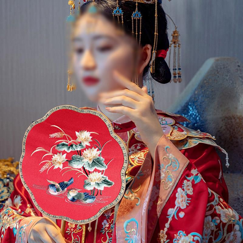 苏绣团扇双面异色古典宫扇子汉服舞蹈扇女式长柄宫廷八瓣紫竹刻字